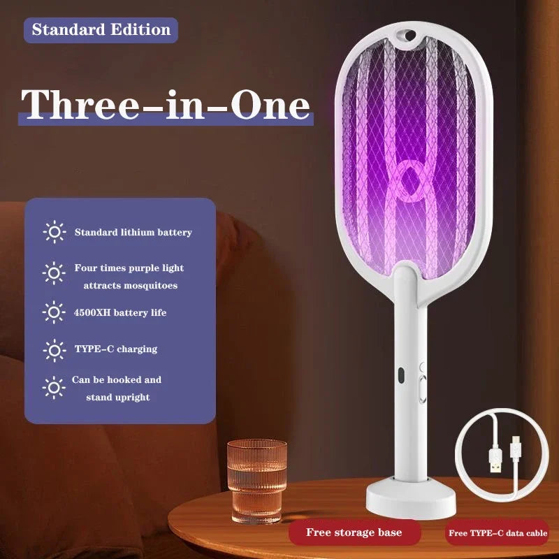 3-in-1 Electric Bug Zapper & Mosquito Swatter Racket — Rechargeable, 3000V