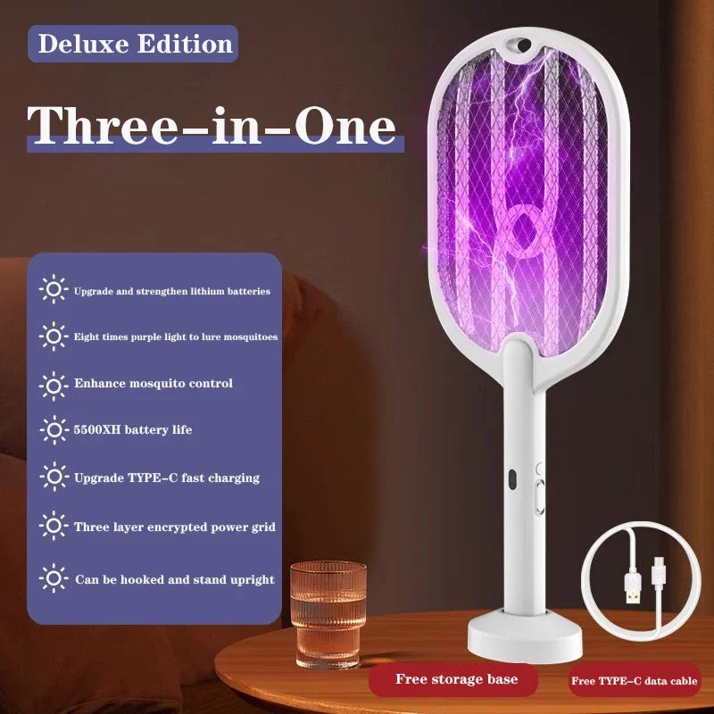 3-in-1 Electric Bug Zapper & Mosquito Swatter Racket — Rechargeable, 3000V