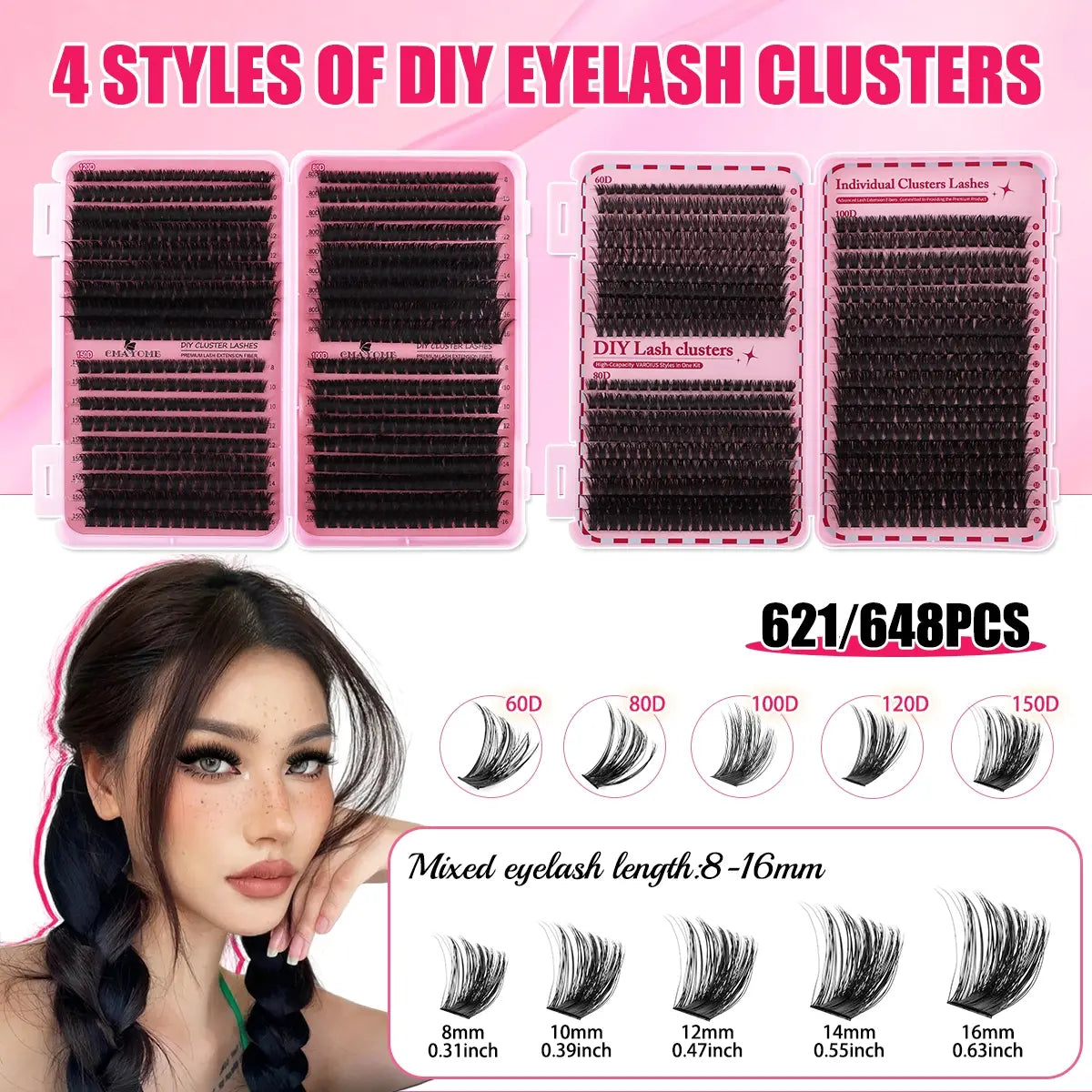 Premium Soft False Eyelashes - DIY Volume Eyelash Book with Mixed Natural Thick Clusters (60D–150D, 8mm–16mm), D Curl for Effortless Daily Makeup and Charming Eyes, Beginner-Friendly and Reusable
